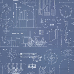 seamlessly tiling vector steampunk pattern with various graphs, charts and construction drawings for machinery and dirigibles as a vintage/retro blueprint - obrazy, fototapety, plakaty