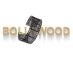 Fototapeta na wymiar Cinema vector poster design template. 3d golden text of Bollywood decorated with filmstrip on white background, vector EPS 10 format