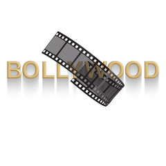 Cinema vector poster design template. 3d golden text of Bollywood decorated with filmstrip on white background, vector EPS 10 format
