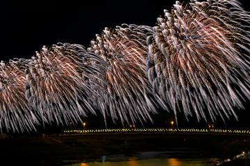 合成写真、宮城佐沼夏祭りの花火大会大輪の花火