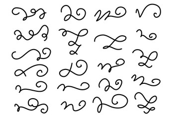 Set of hand drawn lettering and calligraphy swirls, squiggles. Vector ink decorations for composition