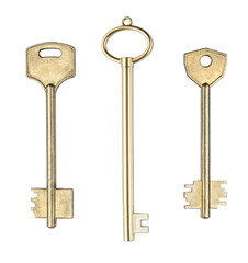 set of three brass house doors keys isolated on white background