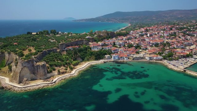 Aerial drone video of iconic medieval castle in small picturesque village of Koroni, Messinia, Peloponnese, Greece