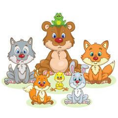 Portrait of cute forest animals that sit in the meadow.  Bear, wolf, fox, squirrel, bunny, frog and chick.  In cartoon style. Isolated on white background.