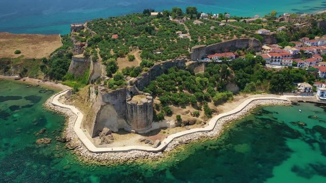 Aerial drone video of iconic medieval castle in small picturesque village of Koroni, Messinia, Peloponnese, Greece