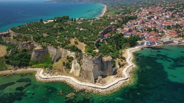 Aerial drone video of iconic medieval castle in small picturesque village of Koroni, Messinia, Peloponnese, Greece