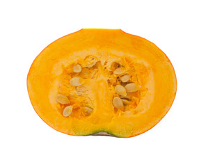 Half pumpkin with seeds isolated on white background