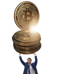 Businessman holding bitcoin in cryptocurrency blockchain concept