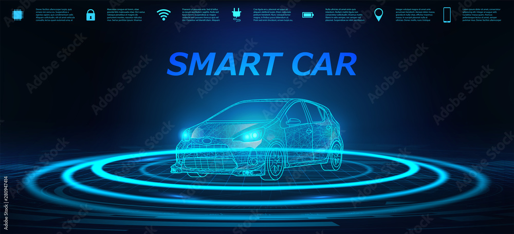 Poster Smart Car Banner. Abstract image of a smart or intelligent car in the form of a starry sky or space. X-ray hologram in HUD style. 3D Electric machine. IOT Autonomous car vehicle with icons infographic