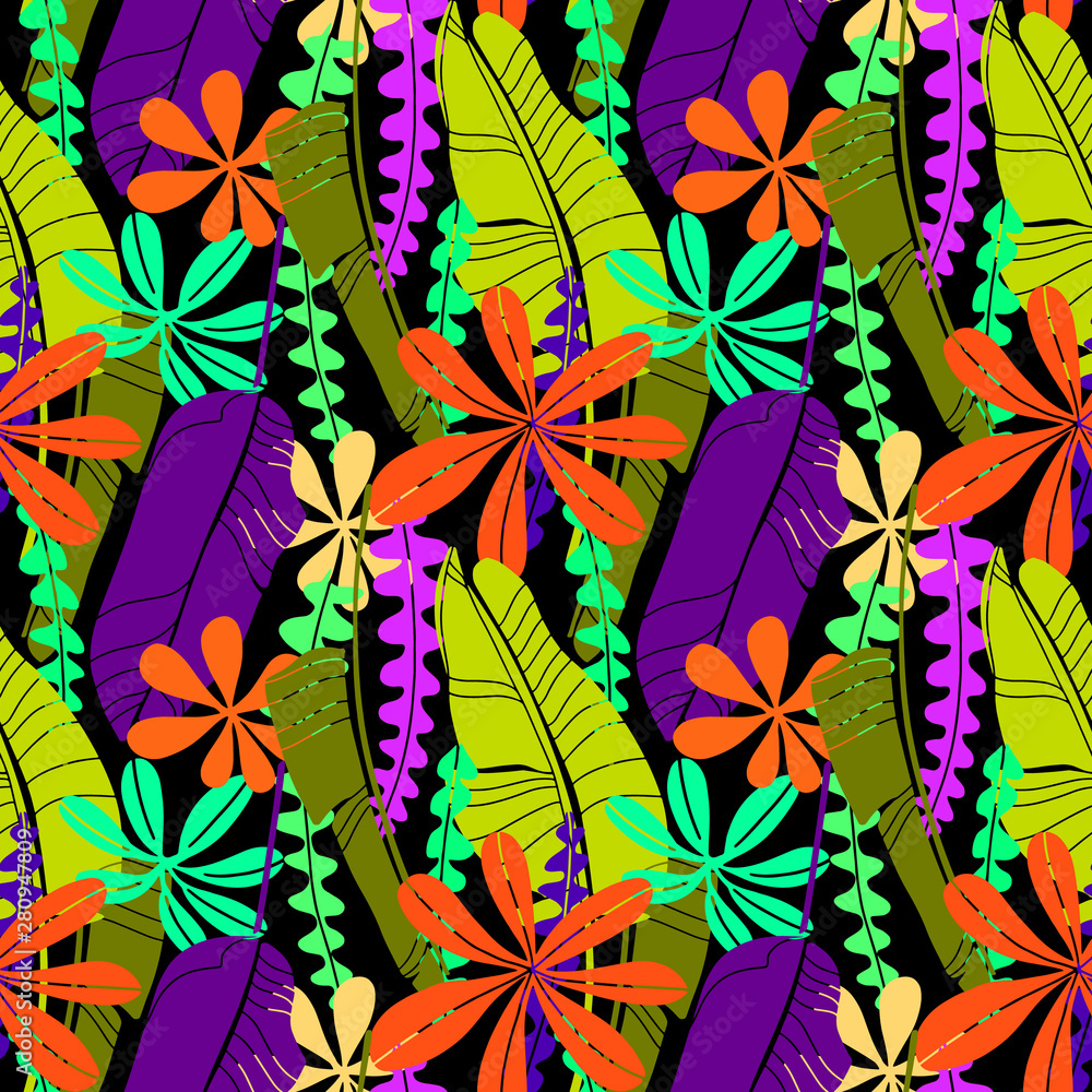 Poster vector seamless pattern with bright drawn tropical leaves various shape and color. mainmalistic flat
