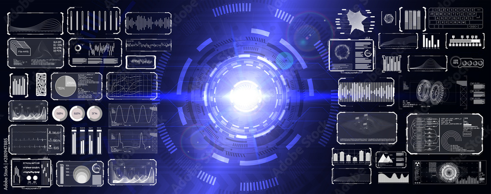 Poster HUD UI GUI elements set pack. Digital abstract lens flare space and interface elements  (You can repaint a different color in 1 click). Futuristic concept, energy reactor and HUD interface. Vector