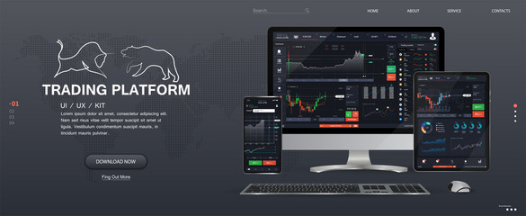 Trade platform UI design. Web Site Screen template. The concept of a universal application with cryptocurrency and finance (Binary option, forex market) App for online trading ,tablet, smartphone, pc.