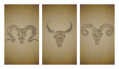 Vector set of three illustrations with grunge silhouettes skulls wild buffalo, bull and ram on old texture background. Vintage sketch in sepia color.