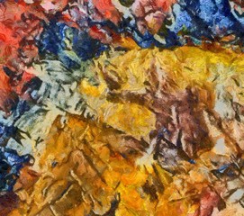 Detailed close-up grunge clouds abstract background. Dry brush strokes hand drawn oil painting on canvas texture. Creative simple pattern for graphic work, web design or wallpaper. Chaotic splashes.