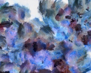 Detailed close-up grunge clouds abstract background. Dry brush strokes hand drawn oil painting on canvas texture. Creative simple pattern for graphic work, web design or wallpaper. Chaotic splashes.