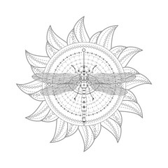 Vector illustration with hand drawn dragonfly and Sacred symbol on white background. Abstract mystic sign.