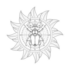 Obraz premium Vector illustration with hand drawn stag beetle and Sacred geometric symbol on white background. Abstract mystic sign.
