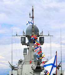 Modern warship of the Russian Navy, view from the ship feed