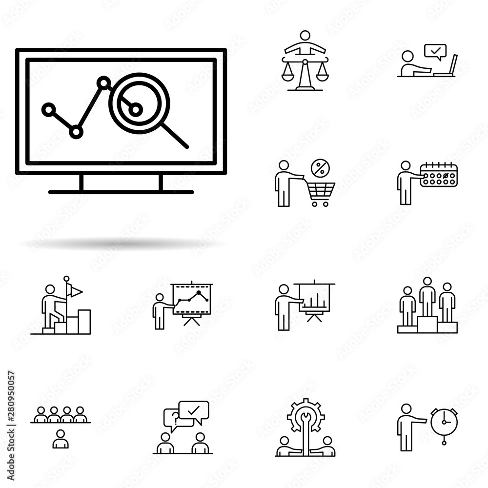 Poster analytics, seo icon. universal set of professional seo for website design and development, app devel