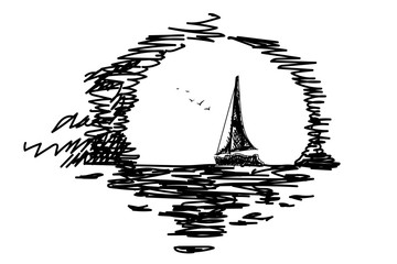 Sketch of a yacht at sunset