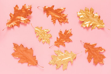 Autumn composition with a gold and copper spray painted natural leaves on pink background. Flat lay, top view, copy space.