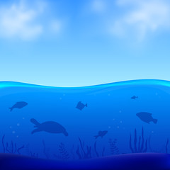 Fototapeta na wymiar Underwater life vector illustration. Sea bottom with fishes and turtle silhouettes and cloudy sky background.
