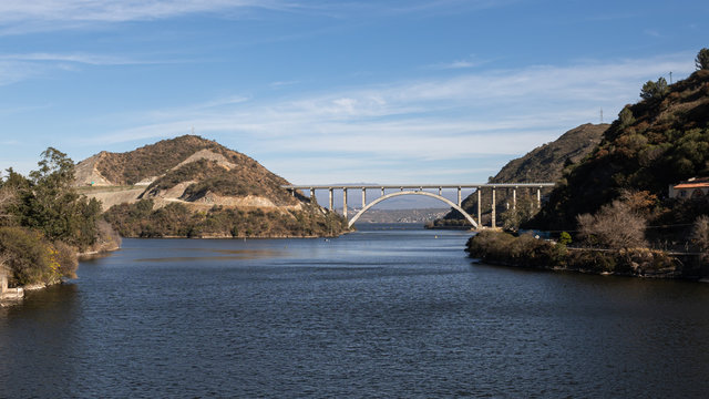 Power plant reservoir lake and bridge