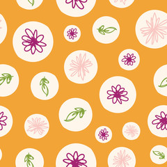 Wild flowers and leaves polkadot seamless pattern in white and orange, pink and green. Hand drawn floral botanical elements and dots for fashion, textile, wrapping paper and wallpapers.