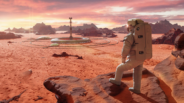 astronaut on planet Mars, looking at a martian colony