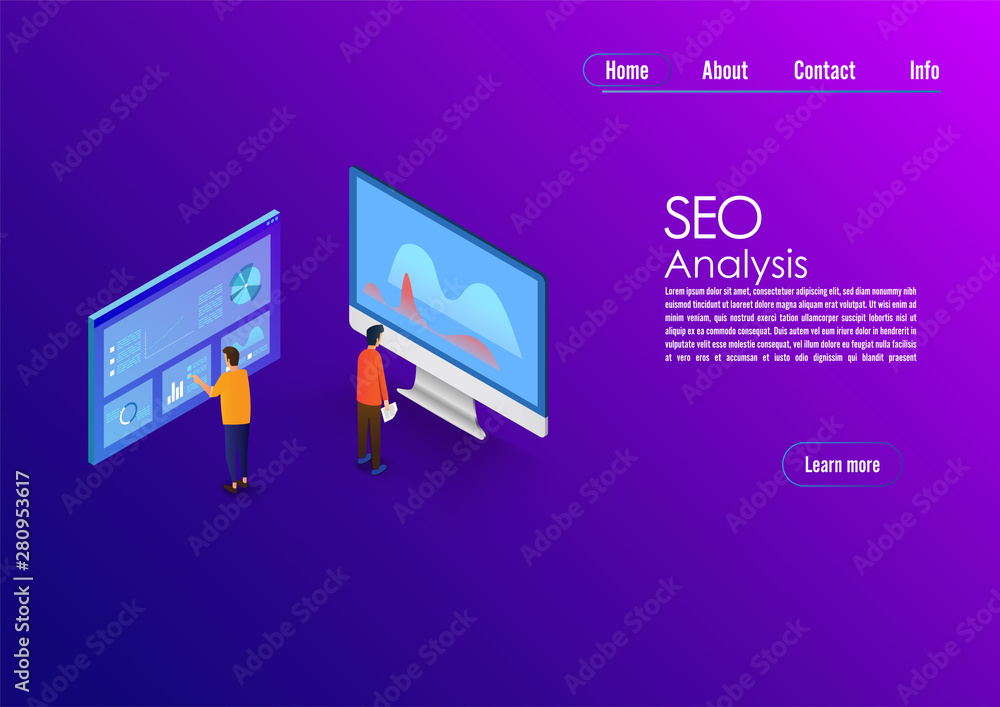 Poster seo analytics team landing page. it specialists with computer working around analytic web pages with