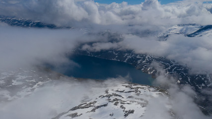 Panorama of the lake Djupvatnet on the road to mount Dalsnibba in Norway. Aerial(drone) shot in july 2019