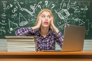 Negative human emotions face expression feeling life perception. Student angry. Conflict situation. Desperate woman student classroom background. Unhappy student working on laptop.