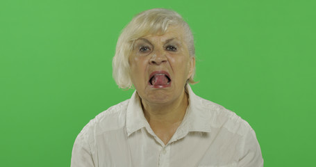 An elderly woman shows tongue. Old pretty happy grandmother. Chroma key