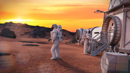 astronauts around a Mars base, research habitat on the surface of the red planet © dottedyeti