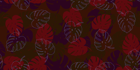 Red monstera seamless vector pattern background. Exotic wallpaper
