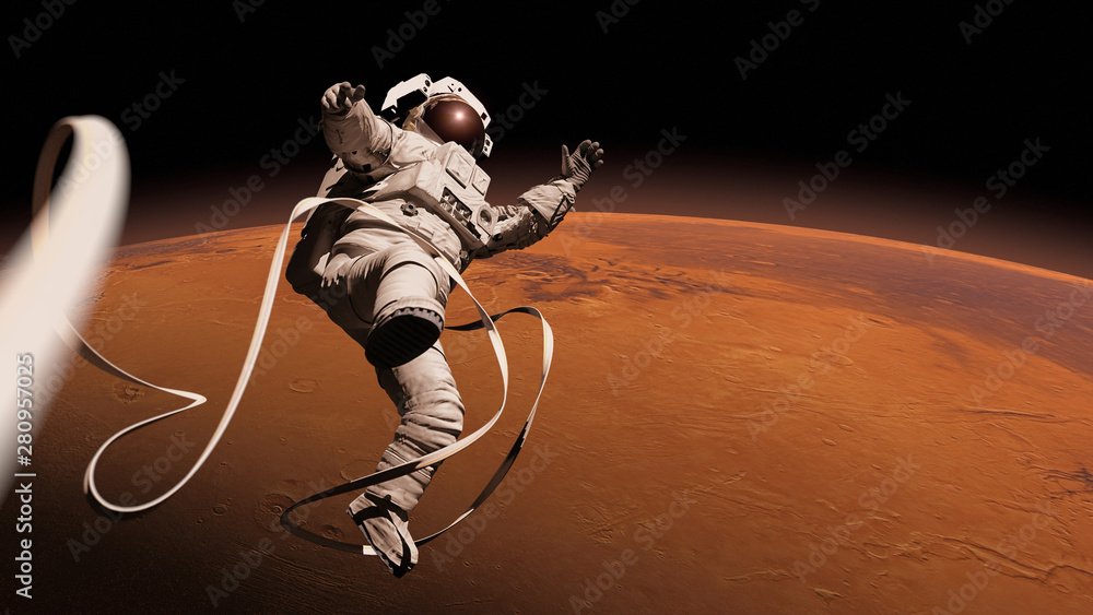 Sticker astronaut performing a space walk in orbit of planet mars