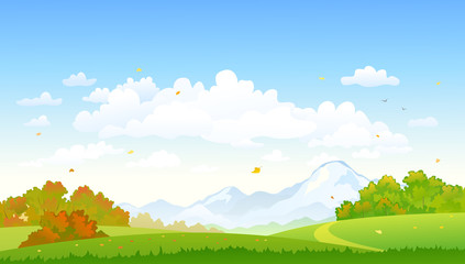 Vector illustration of a colorful autumn forest at the mountains