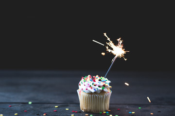 Up Close single cupcake with white icing and a sparkler