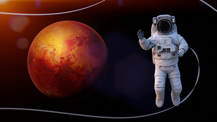Fototapeta na wymiar astronaut waving during a space walk in orbit of planet Mars