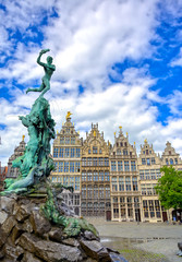 Fototapeta na wymiar The Brabo Fountain located in the Grote Markt (Main Square) of Antwerp (Antwerpen), Belgium.