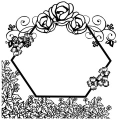 Decoration leaf floral frame in black and white colors, for design greeting card. Vector