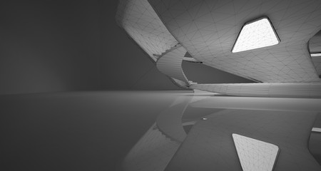 Drawing abstract architectural white interior of a minimalist house with large windows. Neon lighting.3D illustration and rendering.