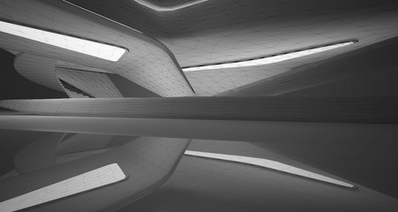 Drawing abstract architectural white interior of a minimalist house with large windows. Neon lighting.3D illustration and rendering.