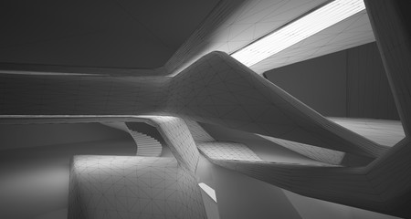 Drawing abstract architectural white interior of a minimalist house with large windows. Neon lighting.3D illustration and rendering.