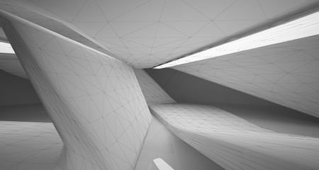 Drawing abstract architectural white interior of a minimalist house with large windows. Neon lighting.3D illustration and rendering.