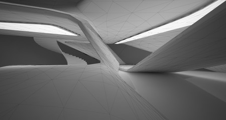 Drawing abstract architectural white interior of a minimalist house with large windows. Neon lighting.3D illustration and rendering.