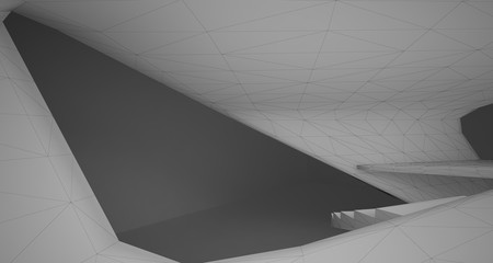 Drawing abstract architectural white interior of a minimalist house with large windows. Neon lighting.3D illustration and rendering.