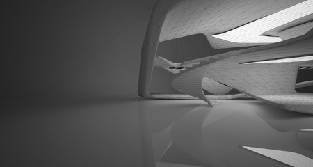 Drawing abstract architectural white interior of a minimalist house with large windows. Neon lighting.3D illustration and rendering.