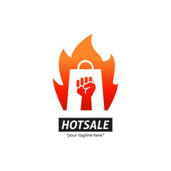 Hot sale hot promotion discount sale logo icon symbol with burning flame shopping bag and rising hand fist