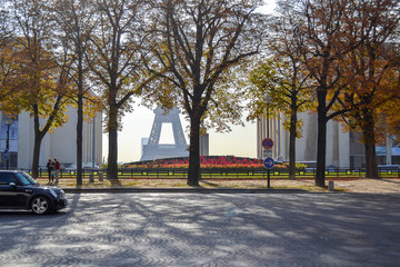 Front view of the Trocadero, on a very sunny day, with red flowers and the Eiffel Tower silhouette in the background (Paris - France)